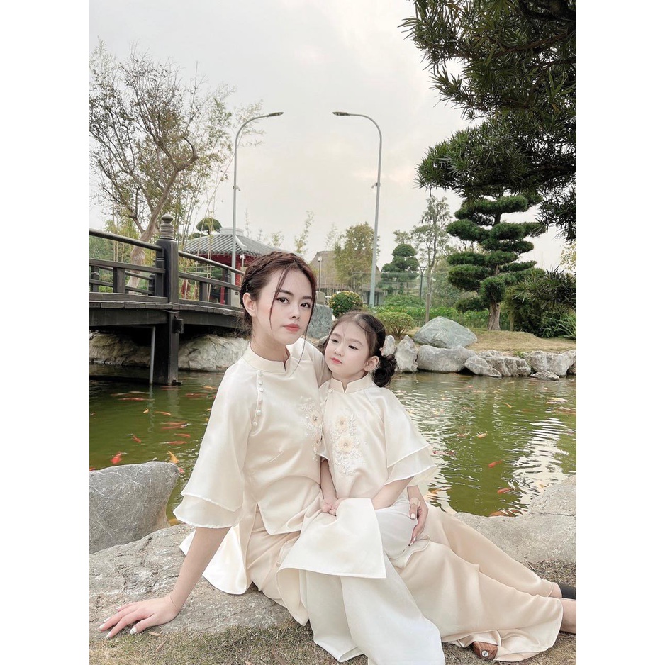 ÁO DÀI MỘC MIÊN MẸ & BÉ HOA MAI KẾT HẠT SIÊU HÓT