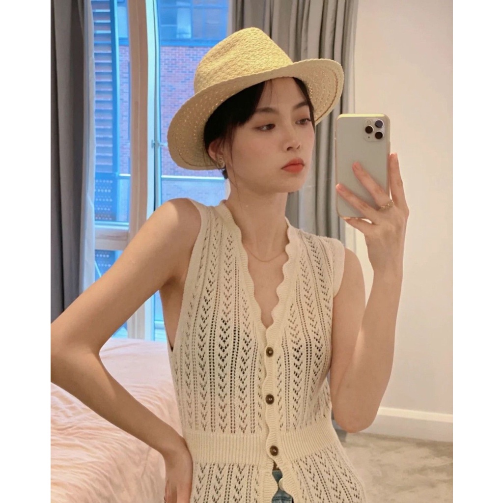 [LININ] Đầm Dệt Kim Dáng Dài Qua Gối Không Tay Cổ Chữ V Thời Trang Mùa Hè Kiểu Pháp