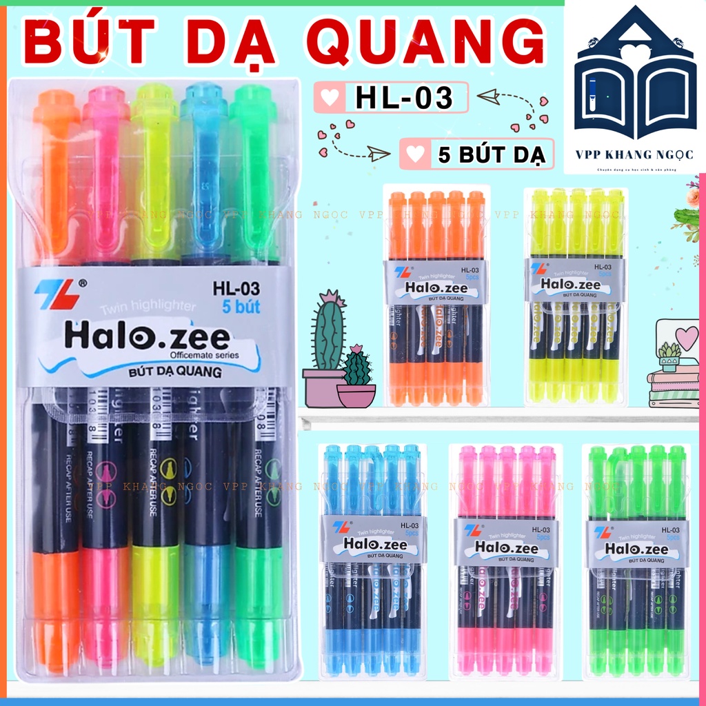 Vỉ 5 Bút Dạ Quang 2 Đầu Halo-zee HL03 Màu Vàng, Xanh Lá, Xanh Dương, Hồng, Cam