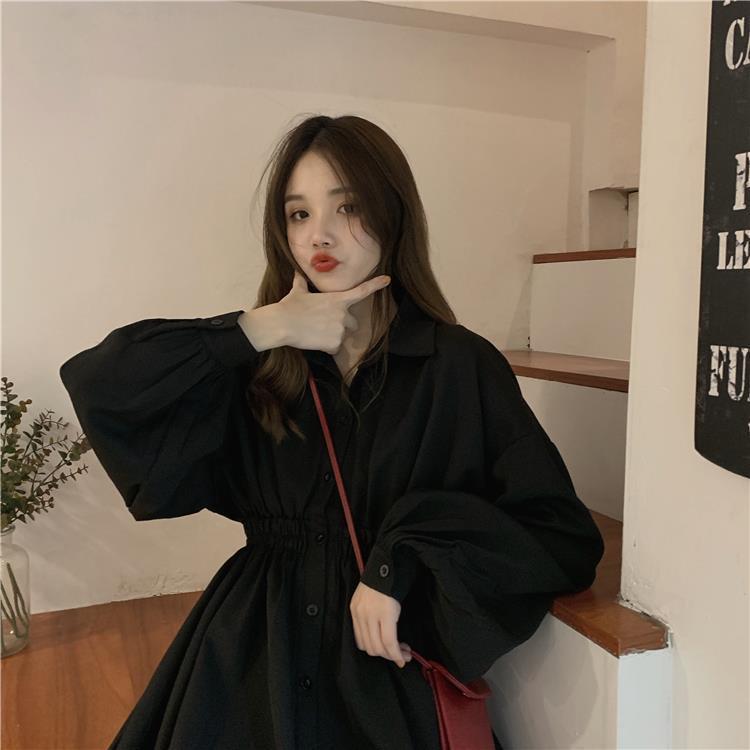 Đầm sơ mi cổ bẻ tay dài dáng rộng lưng cao thời trang xuân thu mới xinh xắn dành cho nữ