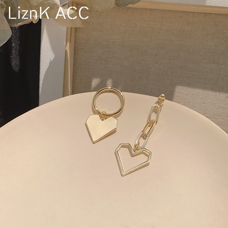 Bông Tai Mạ Bạc 925 Hình Trái Tim Rỗng Không Đối Xứng Phong Cách Hàn Quốc