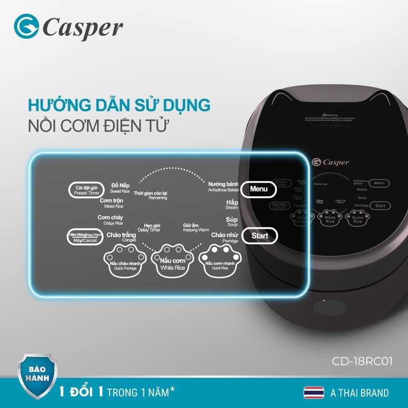 Nồi cơm điện tử 1.8 lít Casper CD-18RC01, Thương Hiệu Thái Lan, Lỗi 1 đổi 1, Bảo hành 24 tháng