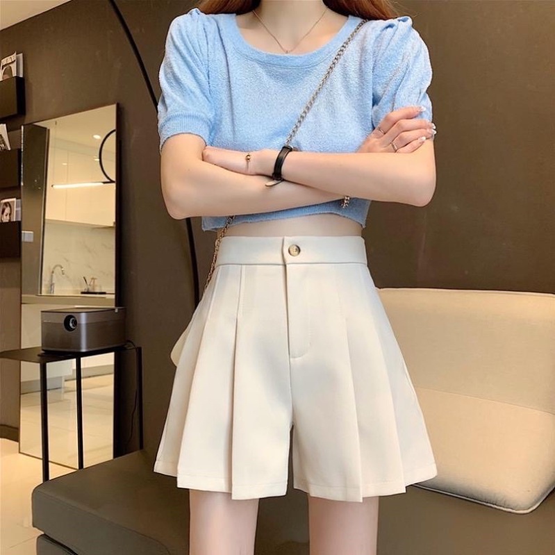 Quần short chữ A khuy trước, quần giả váy dập ly cạp cao kiểu dáng Ulzzangg dành cho nữ