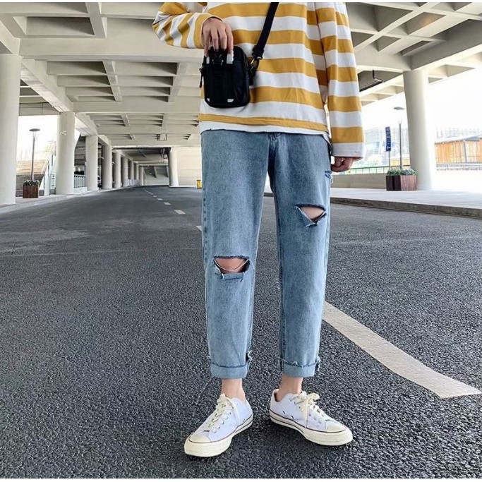 Quần jeans xanh ống rộng , dáng suông , quần baggy rách không phai màu , phong cách dạo phố Hàn Quốc