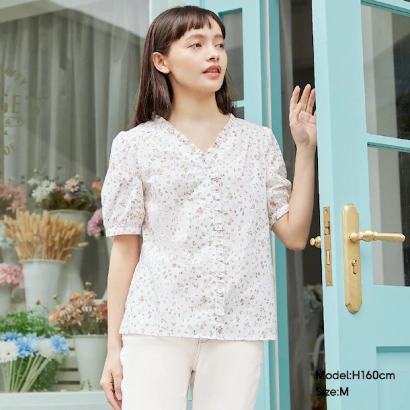 Áo sơ mi nữ cổ tim tay phồng ngắn xinh xắn, thanh lịch của Gu - Nhật