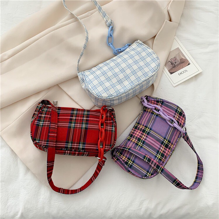 Túi đeo chéo dây mắt xích họa tiết caro phong cách Hàn Quốc Mua Tất (muatatshop)