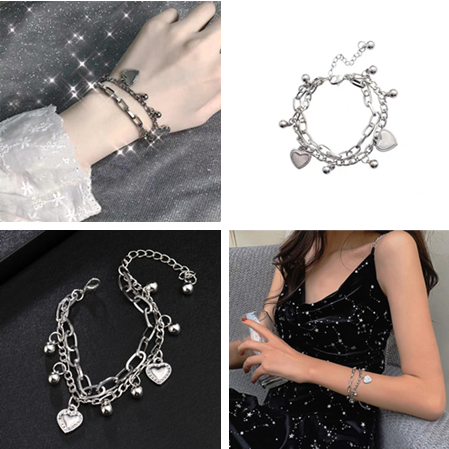 Vòng đeo tay hai lớp trang trí trái tim phong cách hip hop xinh xắn thời trang