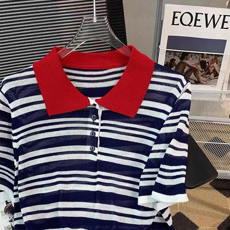 Áo thun polo ZHELIHANGFEI dệt kim ngắn tay họa tiết kẻ sọc tương phản phong cách cổ điển