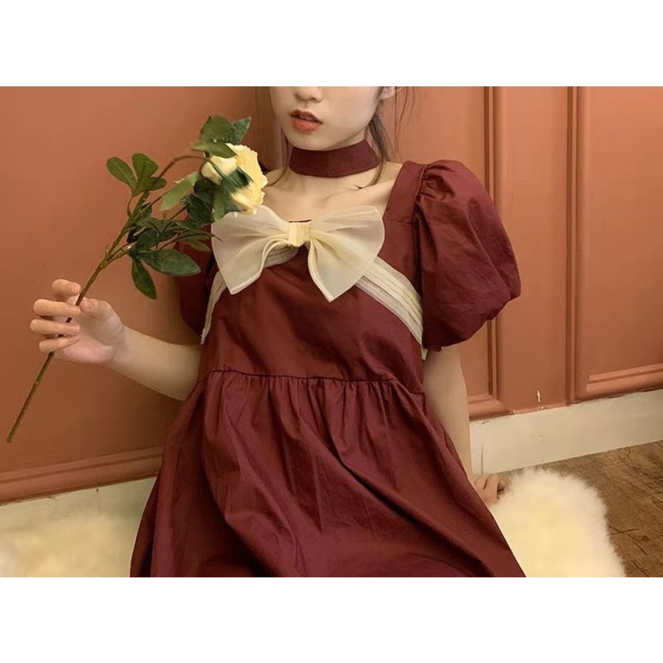 Đầm chữ A cổ vuông màu trơn phong cách retro thời trang Pháp