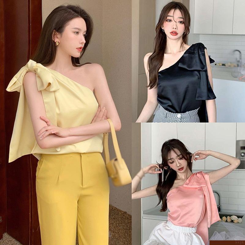 Áo croptop không tay đính nơ một bên vai