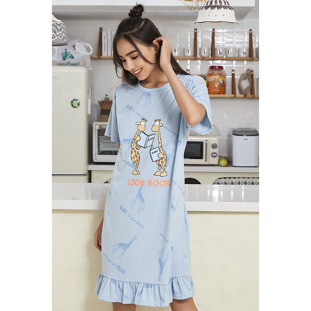 Đầm ngủ Lovito viền xếp nếp in họa tiết động vật với hai túi trẻ trung thời trang L02152 (xanh lam)