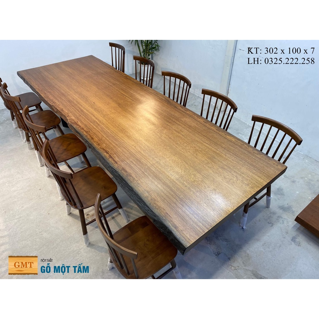 Bàn Ăn Hiện Đại 10 Ghế, Bàn Làm Việc Gỗ Tự Nhiên, Bàn Họp Gỗ Me Tây Nguyên Tấm Dài 3,02m Rộng 1m Dày 7cm