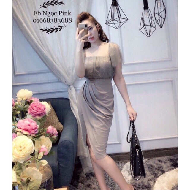 Đầm dự tiệc nhúng eo phối lưới sang trọng | BigBuy360 - bigbuy360.vn