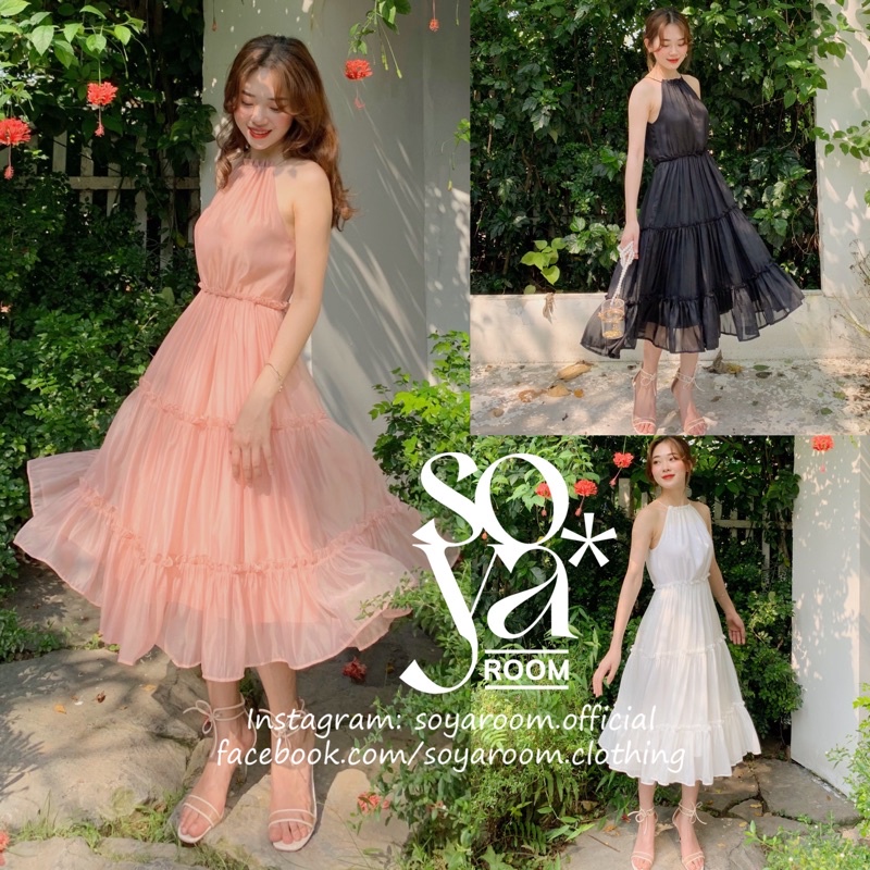 Đầm tơ voan cao cấp, cổ yếm dáng xoè bồng bềnh - Sakura Dress - TẶNG KÈM HOA TRÀ CÀI ÁO