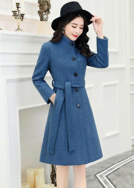 Hàng nhập - Áo khoác dạ nữ cổ trụ kèm belt
