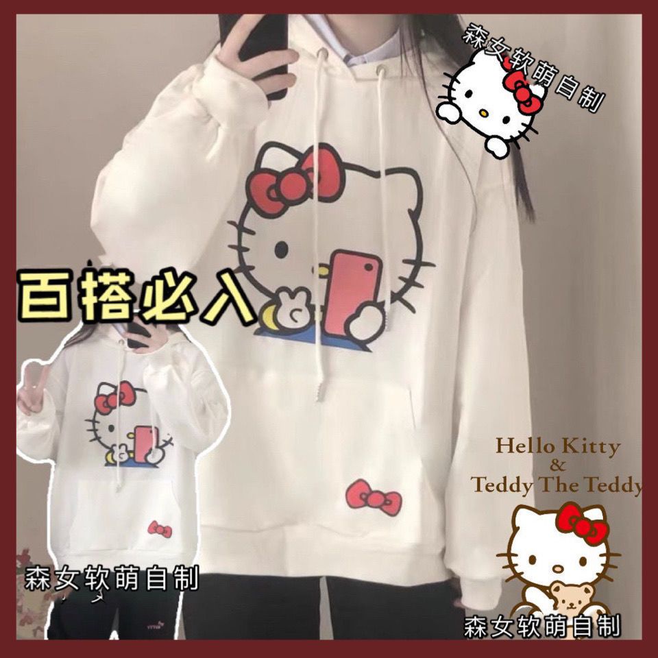 SANRIO Áo Khoác Nỉ Tay Dài Dáng Rộng Mềm Mại In Hình Hello Kitty Phong Cách Nhật Bản Thời Trang Thu Đông Cho Nữ