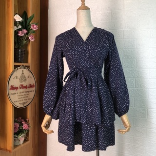 Jumpsuit chấm bi thắt eo - Hình thật