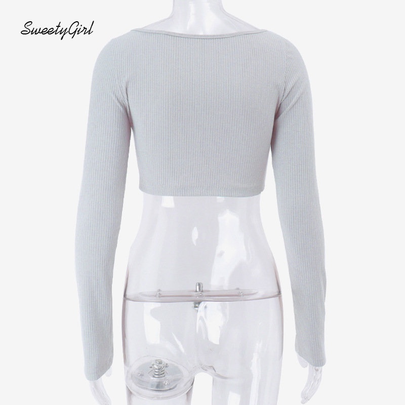 Áo Thun Crop Top Tay Dài Cổ Tròn Màu Xám Trơn Cài Nút Thời Trang 2022 Quyến Rũ Cho Nữ