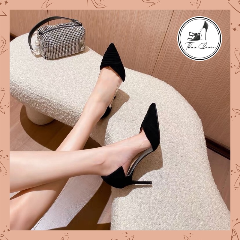 Giày cao gót vằn sóng nước mũi nhung phối trong suốt 6cm-8cm - Đen - THAO CLOVER