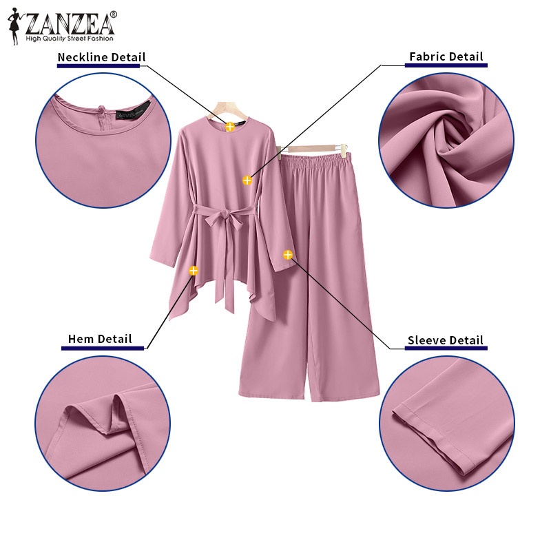 Zanzea Set Đồ Hồi Giáo Gồm Áo Tay Dài Cổ Tròn Và Quần Ống Rộng Có Túi Dành Cho Nữ