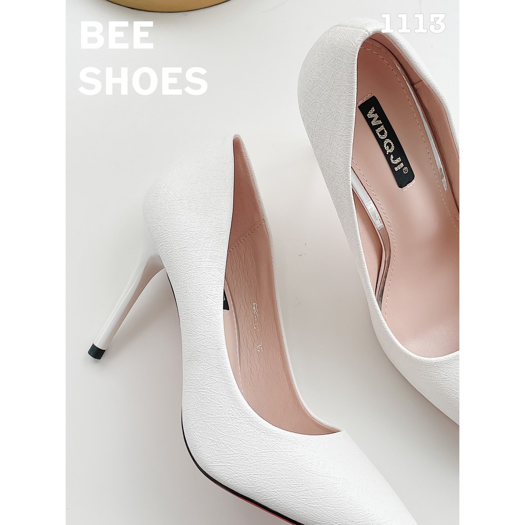 BEESHOES - GIÀY CAO GÓT NỮ MŨI NHỌN GÓT NHỌN TRƠN - GIÀY CAO GÓT NỮ MŨI NHỌN GÓT NHỌN CAO 9 PHÂN SẴN MÀU TRẮNG 201113