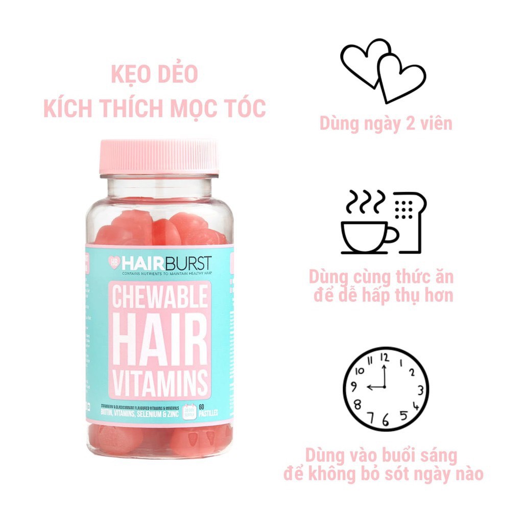 Kẹo HAIRBURST Chewable Hair Vitamins - Viên nhai Hairburst Vitamins kích thích mọc tóc 60 viên