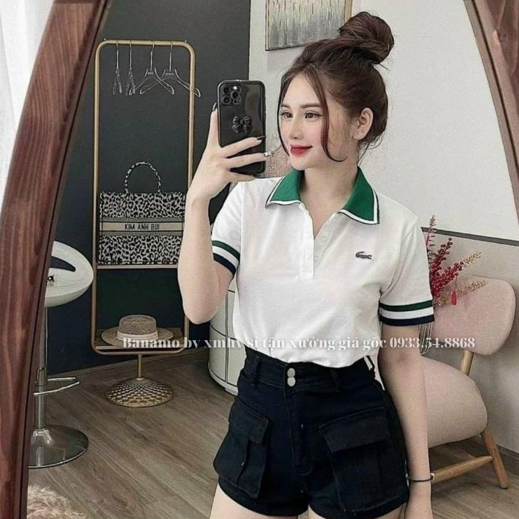 Áo polo nữ cổ xanh thêu logo cá sấu cao cấp thời trang Banamo Fashion polo thêu cá sấu cổ xanh 3926