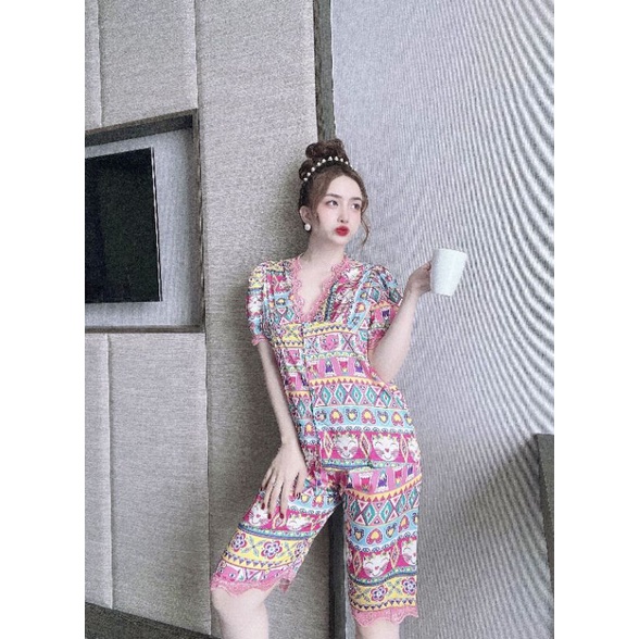 Bộ lụa viền ren lửng hoạ tiết siêu xinh