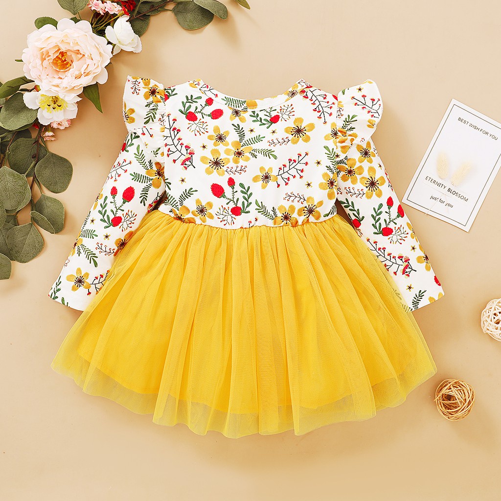 Đầm xòe công chúa MIKRDOO tay dài bằng vải tuyn in hoa vàng trang phục ngày lễ cho bé gái sơ sinh 0-3 tuổi