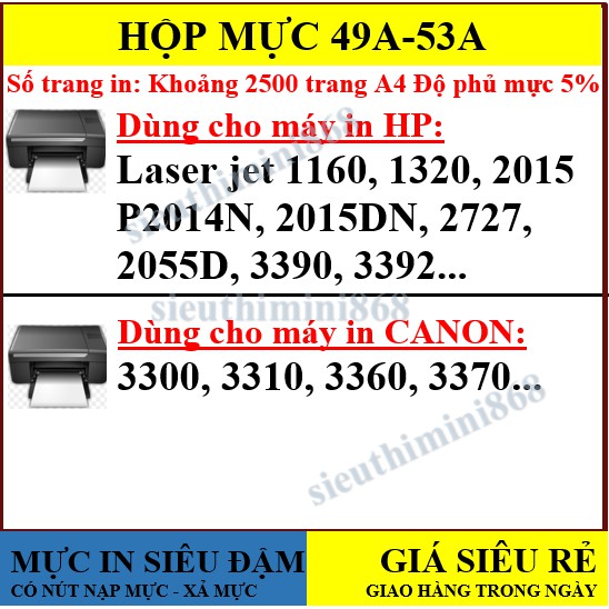 GIAO TRONG NGÀYHộp mực 49A/53A - Máy in Canon 3300, 3370 - HP 1160, 1320, 3390, P2015D, P2015N, M2727 - Cartridge 308