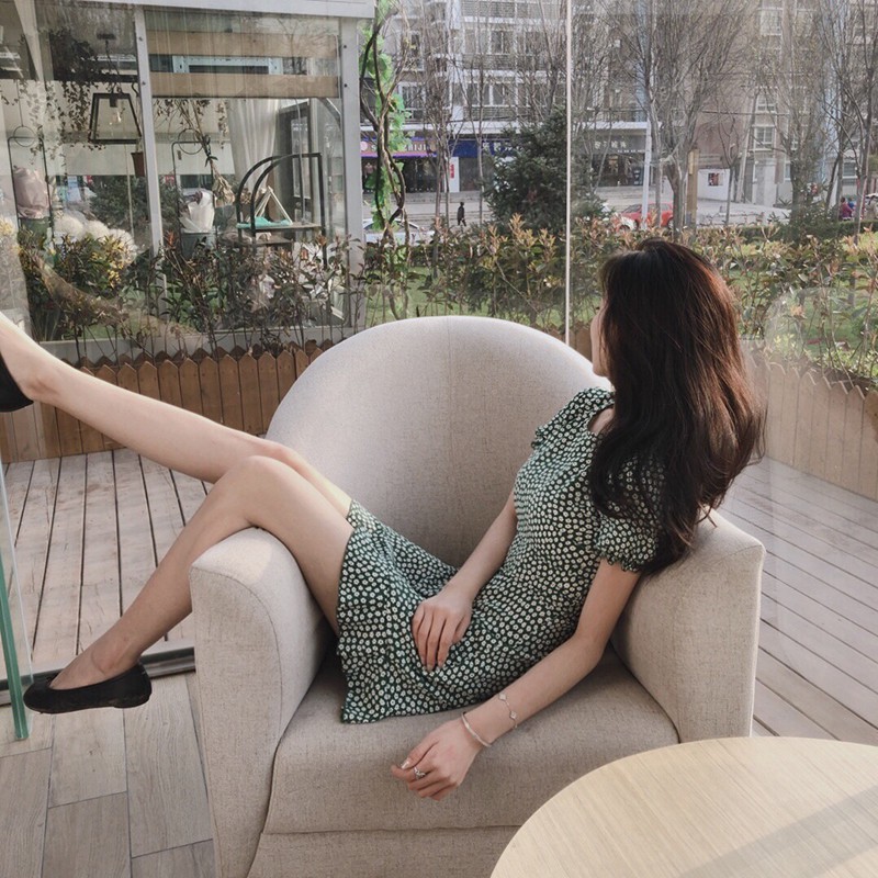 Xiaozhainv Đầm tay ngắn cổ tròn hoạ tiết hoa nữ tính | BigBuy360 - bigbuy360.vn