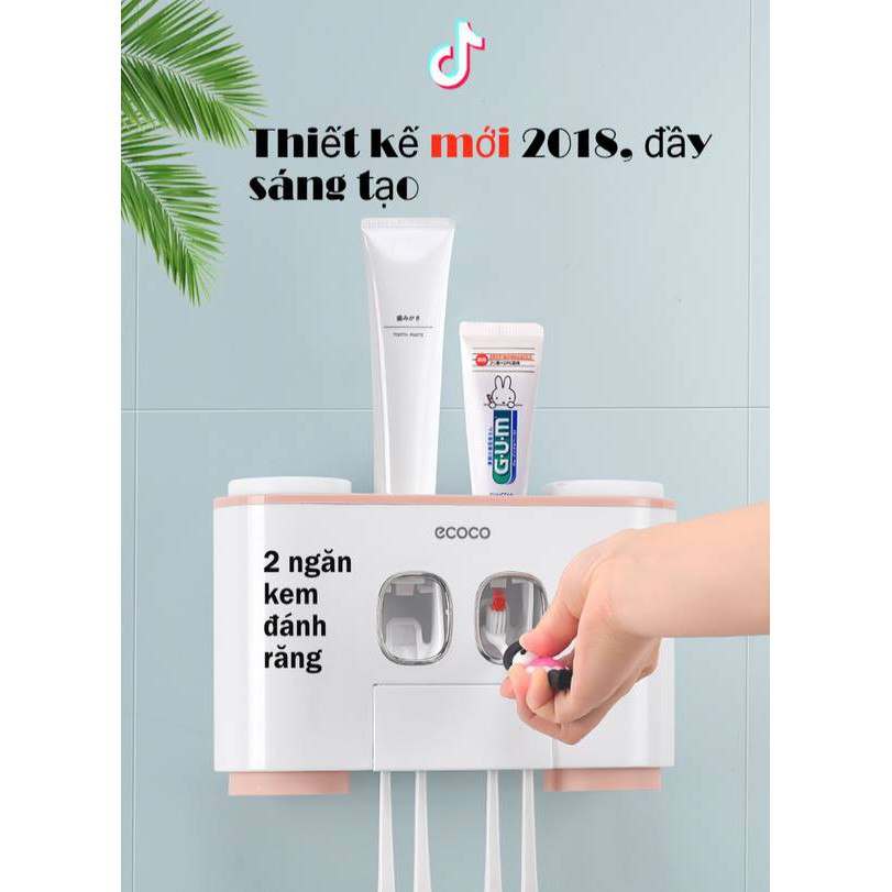 Bộ dụng cụ 2 nhả kem đánh răng tự động gắn tường kèm 4 cốc Ecoco cho gia đình thiết kế treo tường không cần khoan