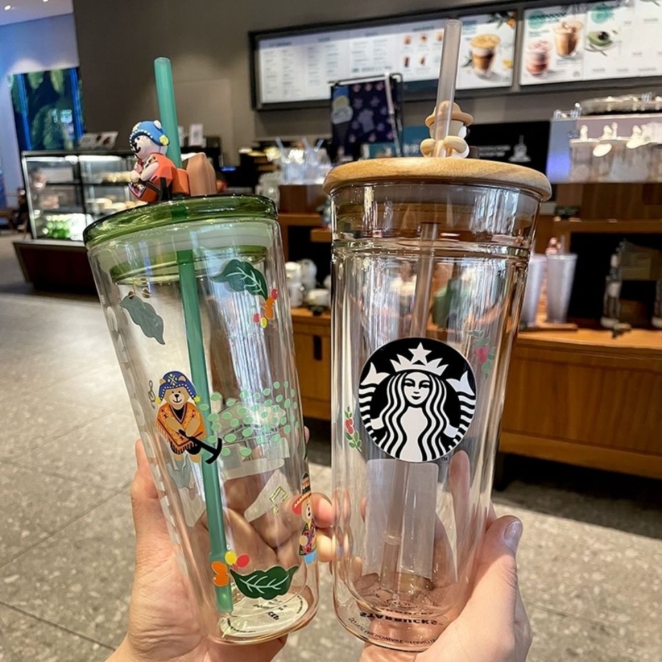 Bình nước Starbucks bằng thủy tinh có ống hút chống rơi chất lượng cao cho nam và nữ