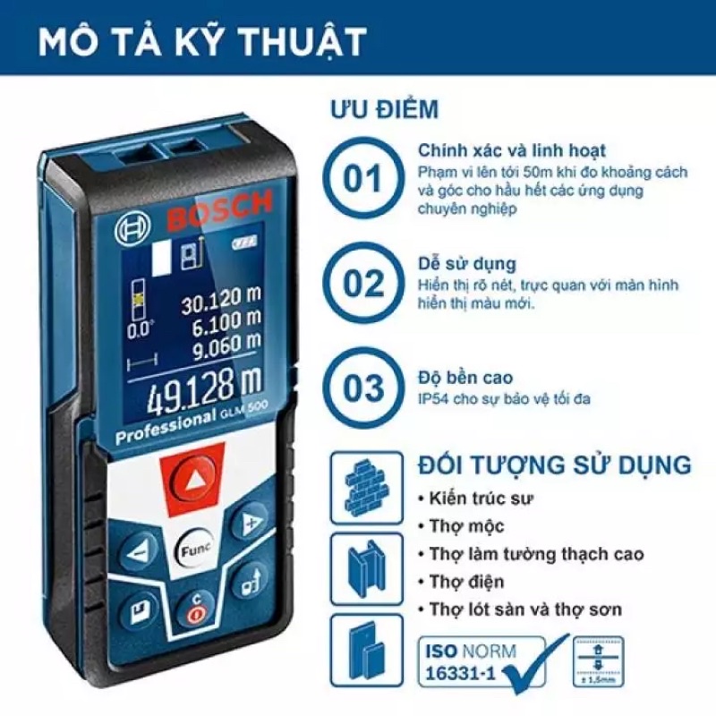 MÁY ĐO KHOẢNG CÁCH LASER VÀ KỸ THUẬT SỐ GLM 500 BOSCH