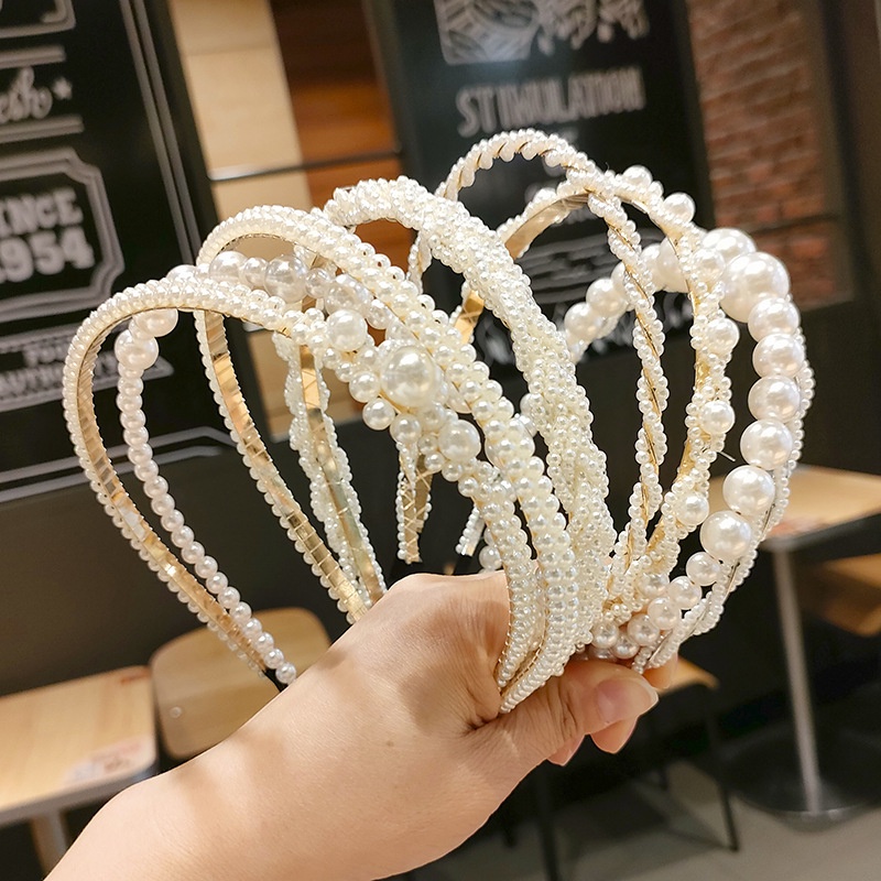 Băng Đô Cài Tóc Đính Ngọc Trai Màu Trơn Thời Trang Hàn Quốc Cho Nữ