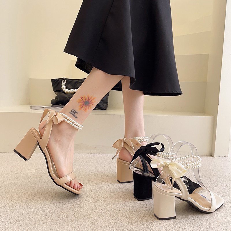 Sandal nữ quai nơ ngọc gót vuông 7 phân siêu tiểu thư