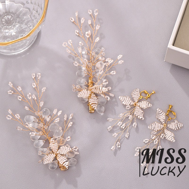 Set hoa tai và kẹp tóc pha lê sáng bóng cho cô dâu