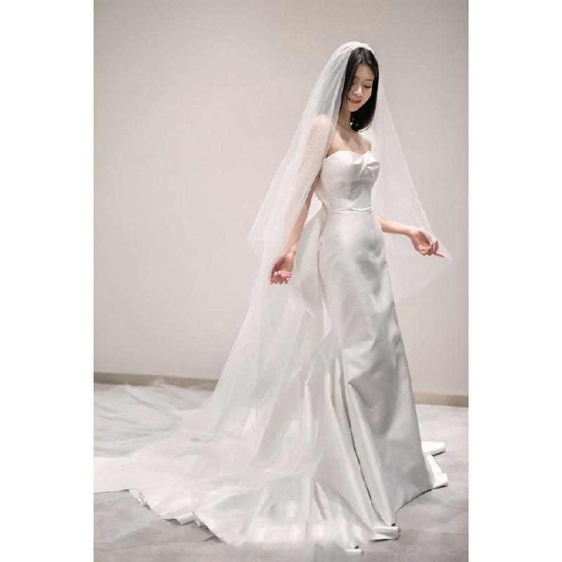 Đầm Cưới Vải Satin Đính Nơ Kiểu Pháp 2022 Thời Trang Mùa Hè Cho Nữ V3D4