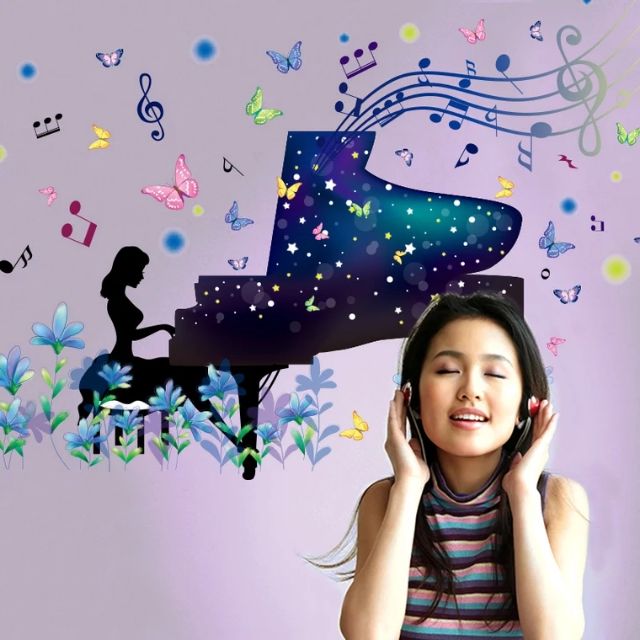 DECAL DÁN TƯỜNG CÔ GÁI ĐÁNH ĐÀN PIANO