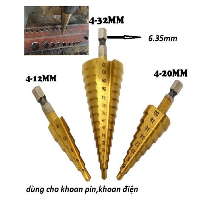 Bộ 3 mũi khoan tháp tầng bước [ BH - 12 Tháng] titanium 4-32mm khoan sắt , tôn,..đa năng