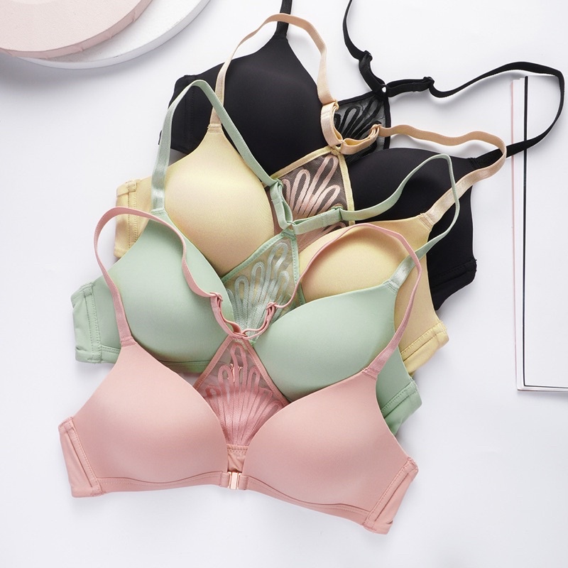 Áo ngực cài trước không gọng mút mỏng màu trơn phối ren dây chéo thoải mái CT13