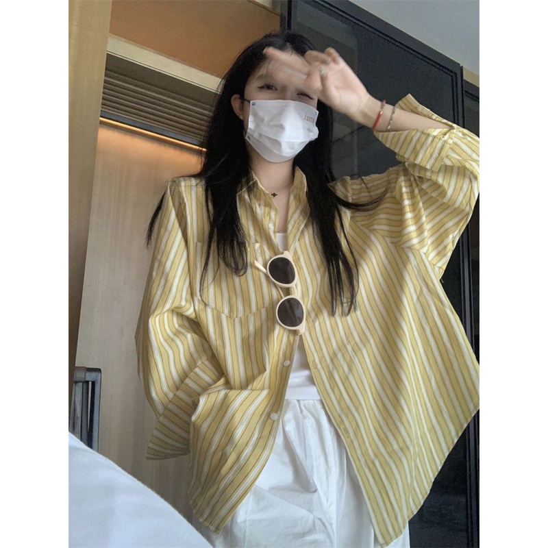 Áo Khoác Sơ Mi Cardigan Tay Dài Dáng Rộng Họa Tiết Kẻ Sọc Thiết Kế Mới Thời Trang Cho Nữ