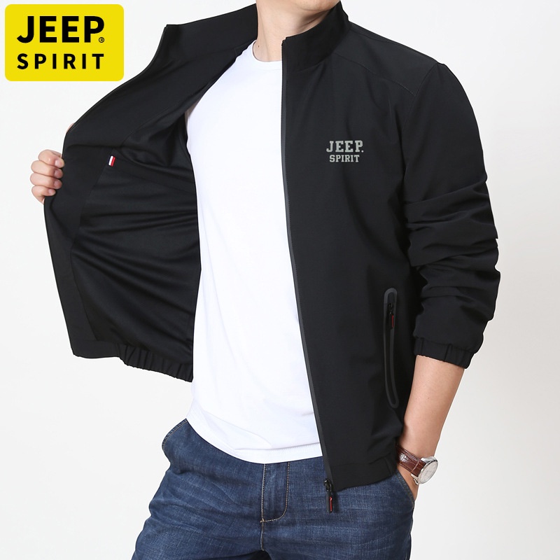 Jeep Áo Khoác Cổ Đứng Màu Trơn Phối Khóa Kéo Cá Tính
