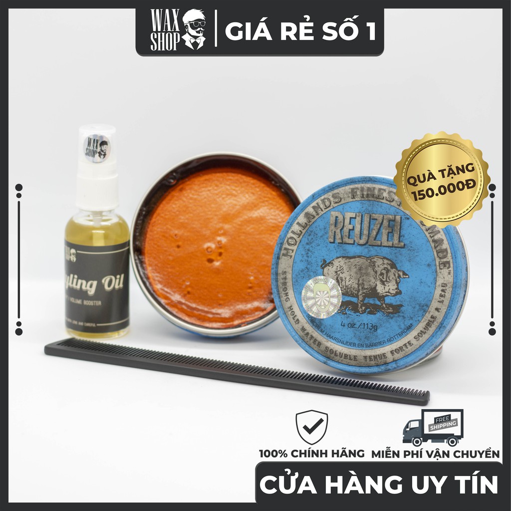 Sáp Vuốt Tóc Reuzel Blue Strong Hold Water Soluble High Sheen 113g ⚡ [Chính Hãng] ⚡ Tặng Kèm Pre-Styling Oil và Lược Sấy