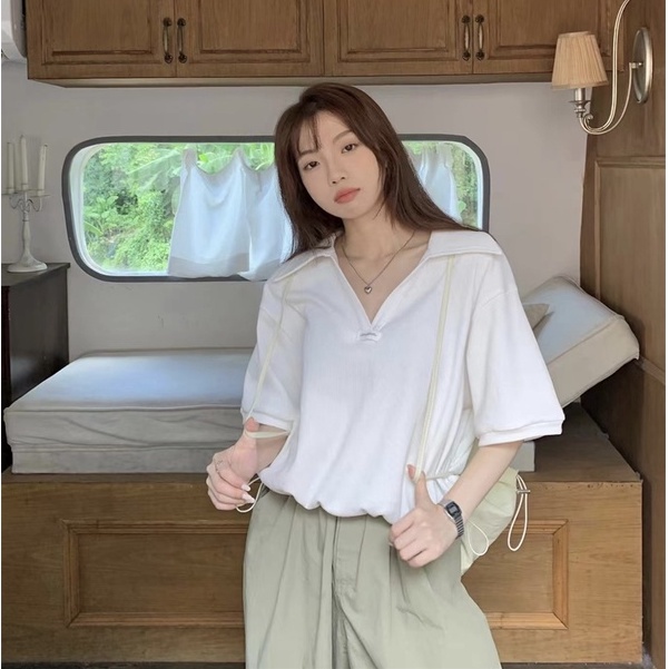 Áo polo Ngắn Tay Màu Trơn Phong Cách Hàn Quốc Cho Nữ