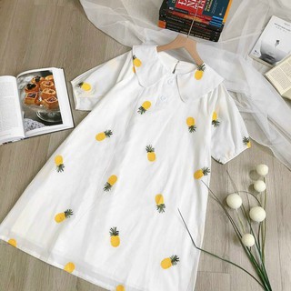 Đầm babydoll thêu trái thơm, Váy suông trắng cổ bâu trái khớm Cao Cấp cute mát mẻ nữ tính - MiNhi