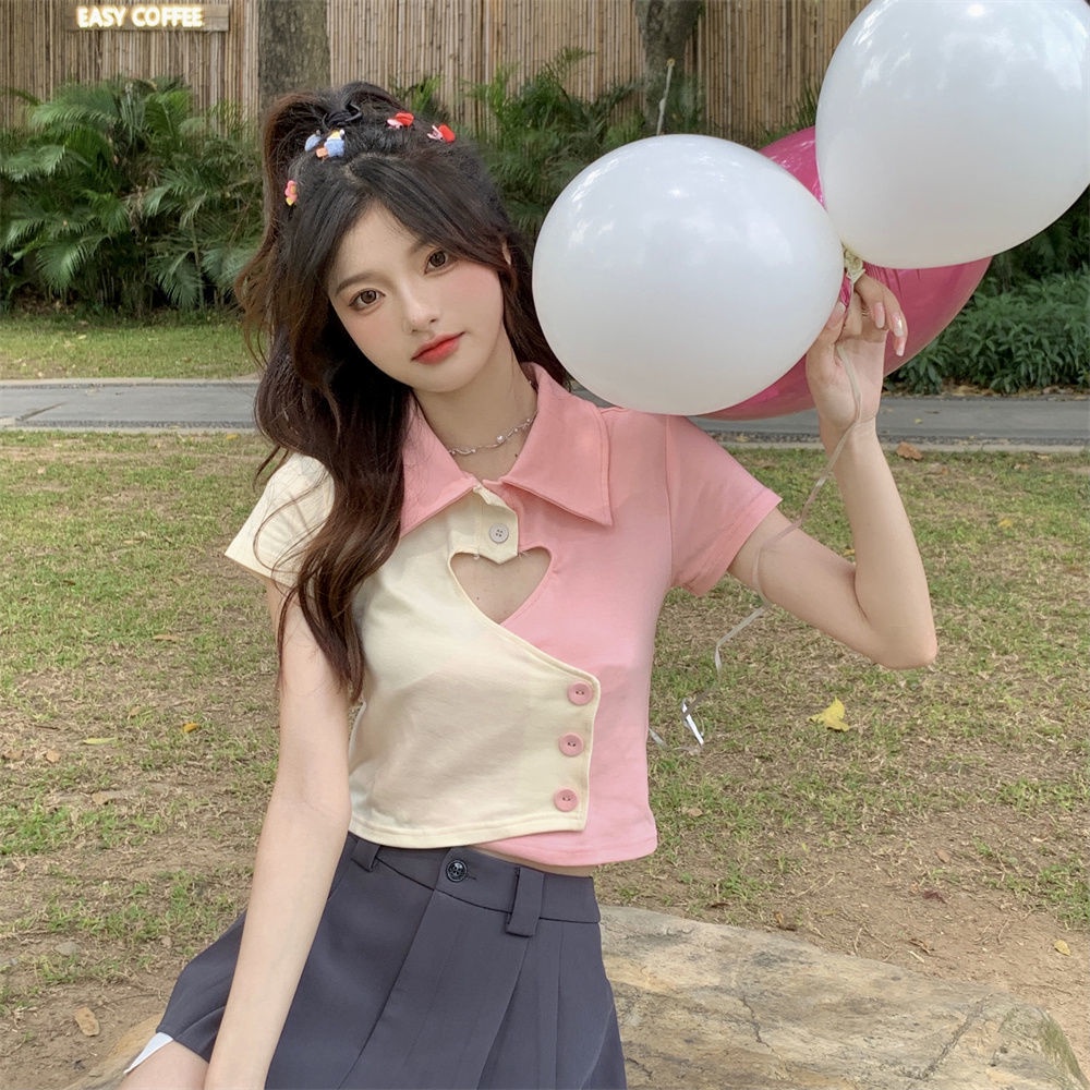 Plus Áo Sơ Mi Tay Ngắn Họa Tiết Khối Màu Ngọt Ngào Thời Trang Mùa Hè Cho Nữ