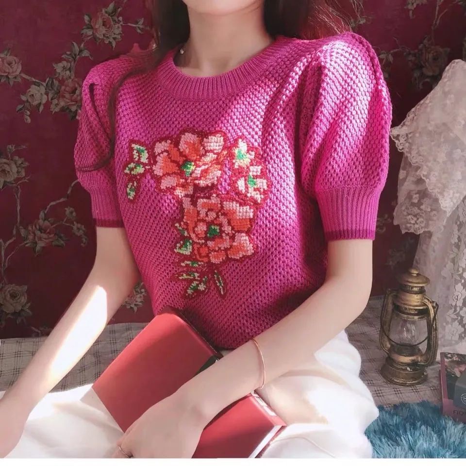 Áo Dệt Kim Tay Ngắn Phồng Dáng Rộng Thêu Hoa Thủ Công Kiểu Pháp Dễ Thương  tao bao