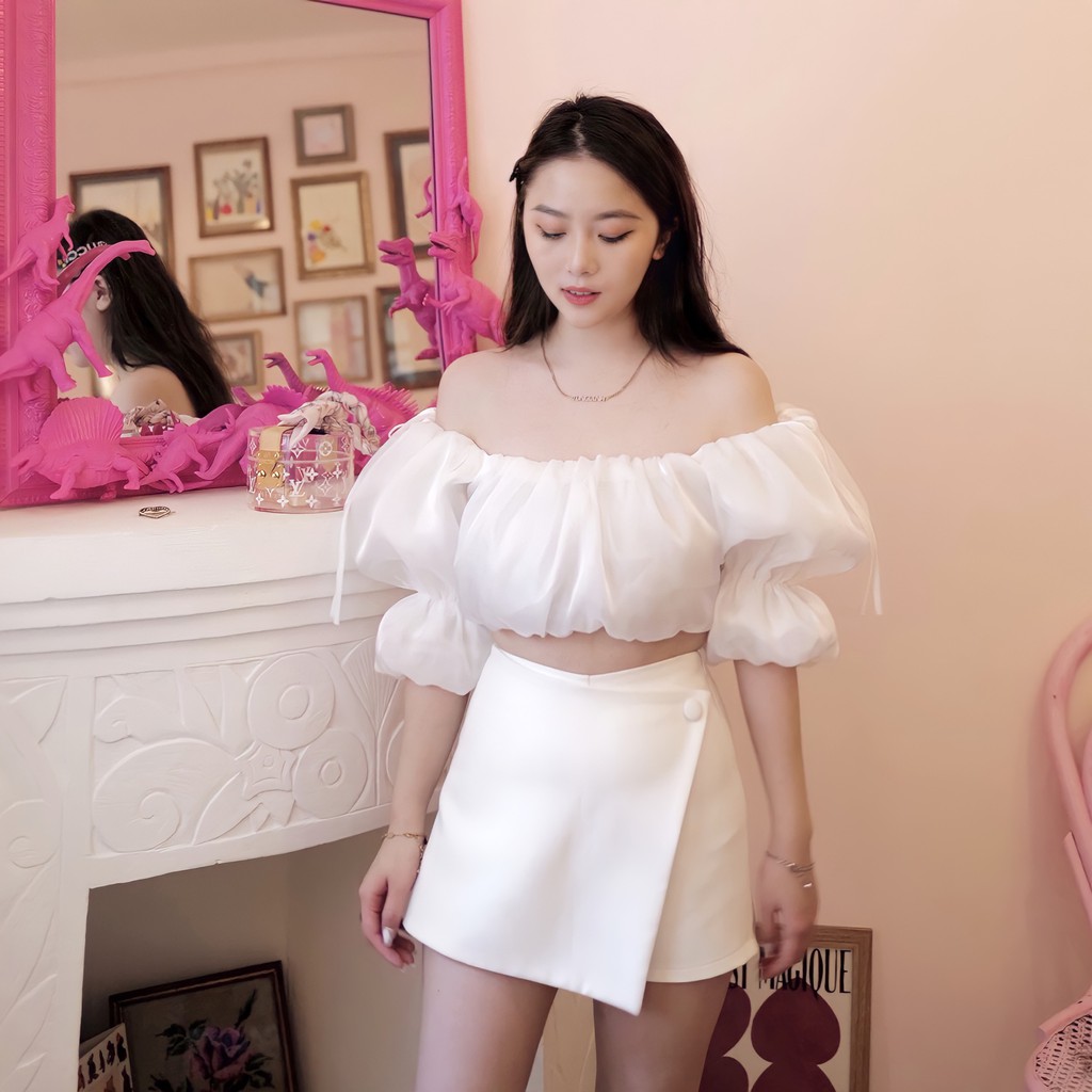 Quần váy cạp cao lệch vạt trắng tingoan NICOLE SKORT/WH