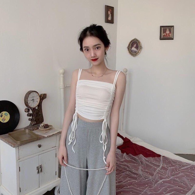 ÁO CROPTOP DÂY RÚT HAI BÊN EO - ÁO 2 DÂY BODY RÚT DÂY TRẮNG ĐEN HOT